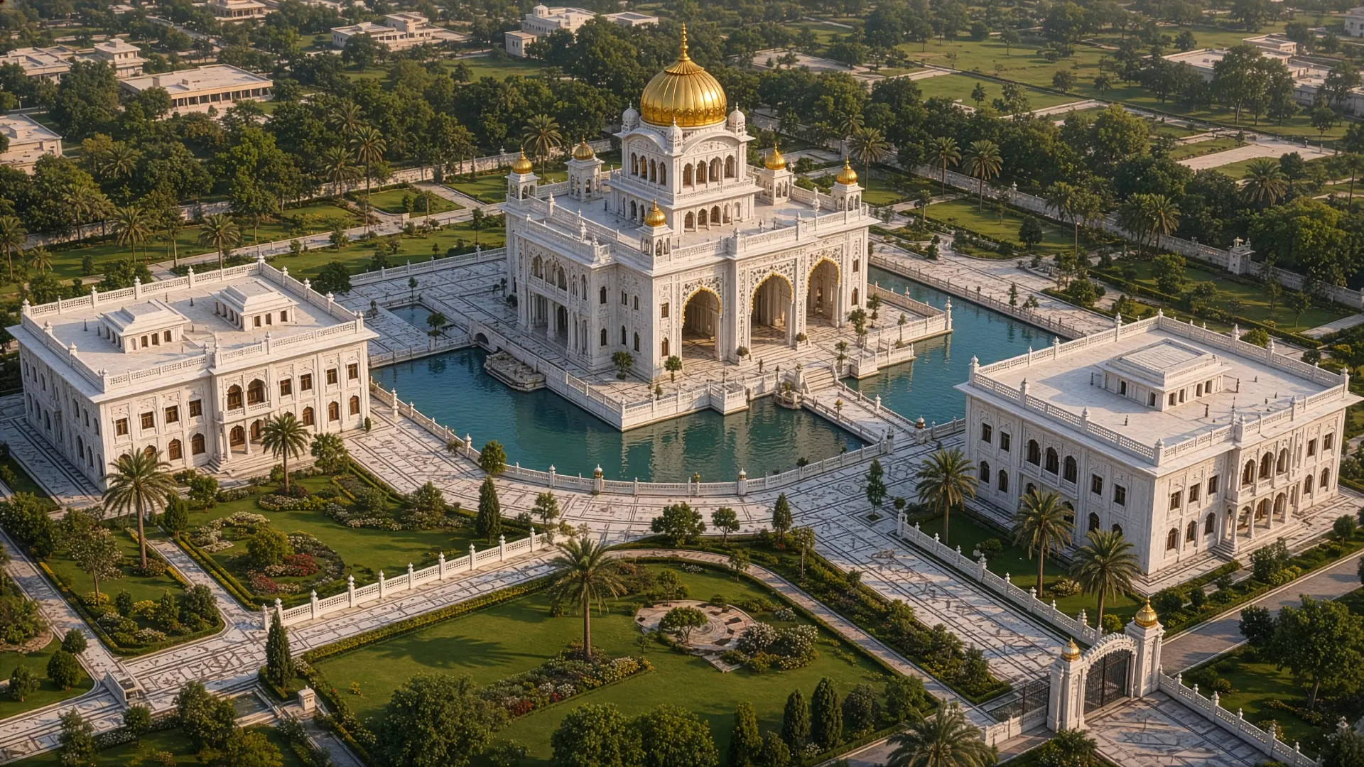 Gurdwara Sahib with Sarovar — aerial view of the complex masterplan