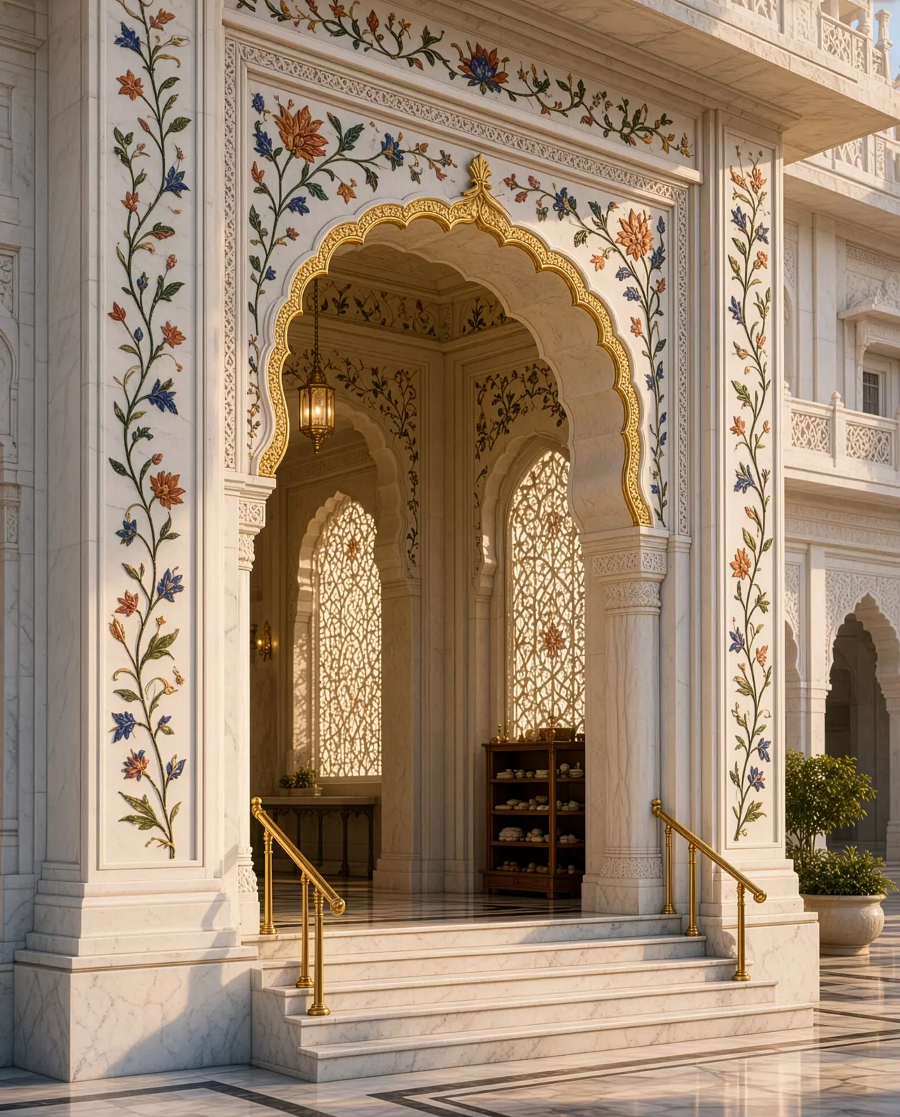 Gurdwara Sahib with Sarovar — entrance deori with marble jali and pietra dura inlay